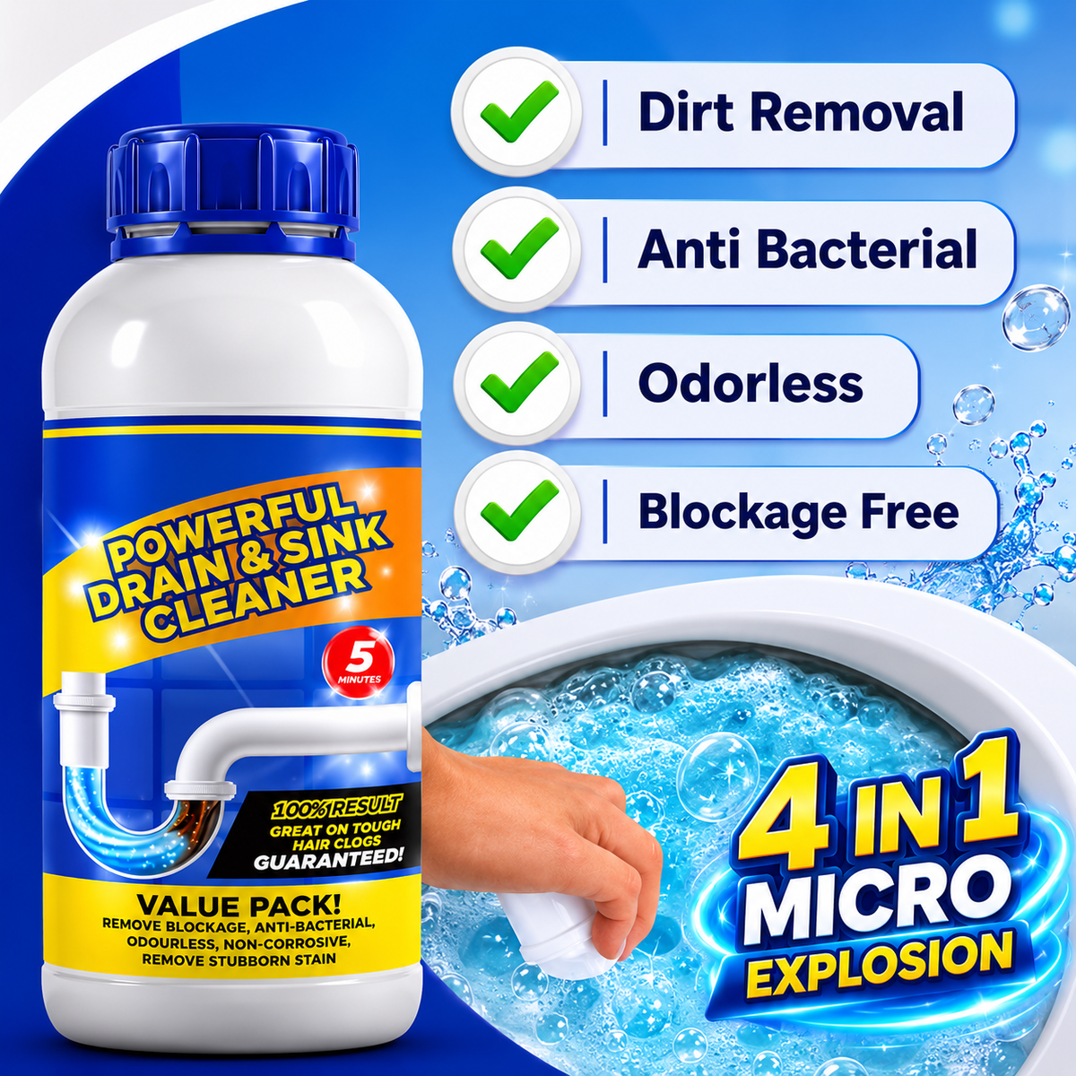 Sanitizo Powerful Drain & Sink Cleaner Powder 100 ML Each (Pack of 4)