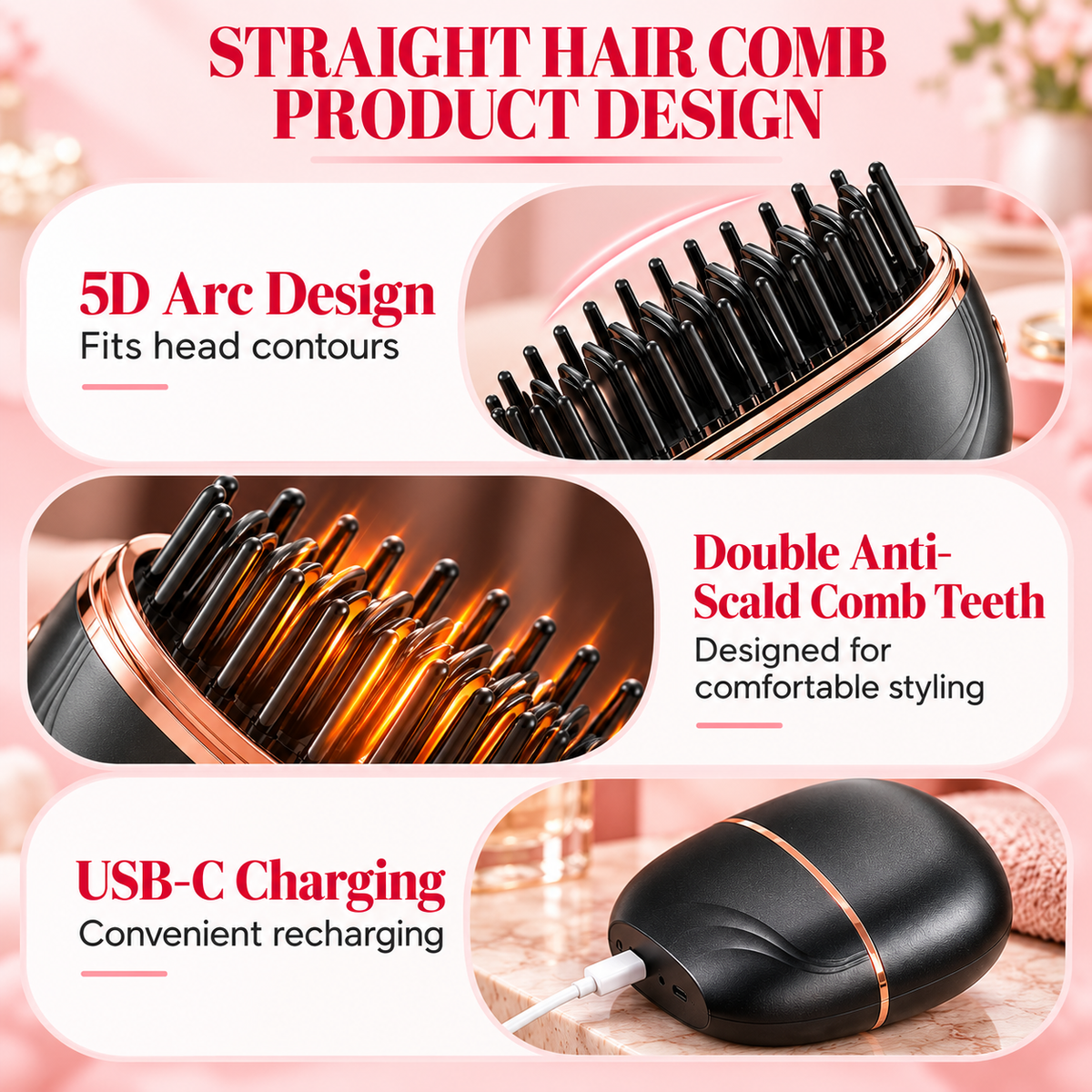 Wireless Portable Straight Hair Comb with Lid